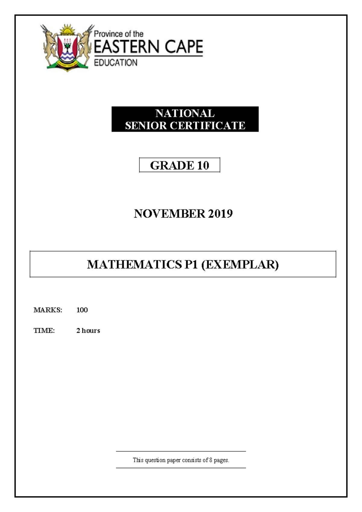 Grade 10 Mathematics P1 November 2019 Exemplary Exam Paper - Studocu