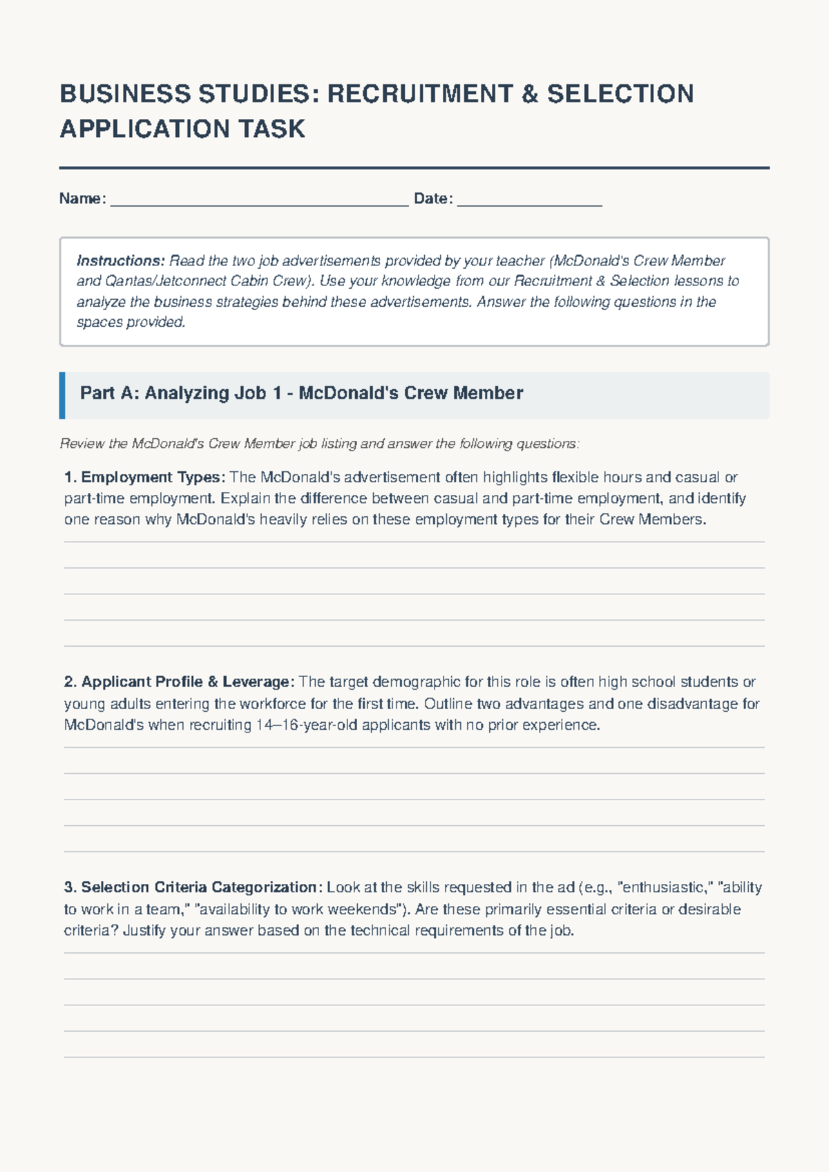 BUSINESS STUDIES: Recruitment Selection Task Analysis (BS101) - Studocu