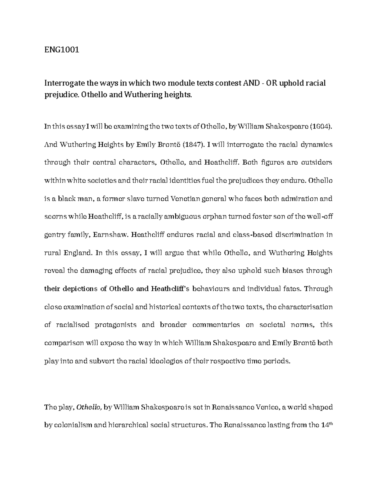 ENG1001 Essay: Racial Prejudice in Othello and Wuthering Heights - Studocu
