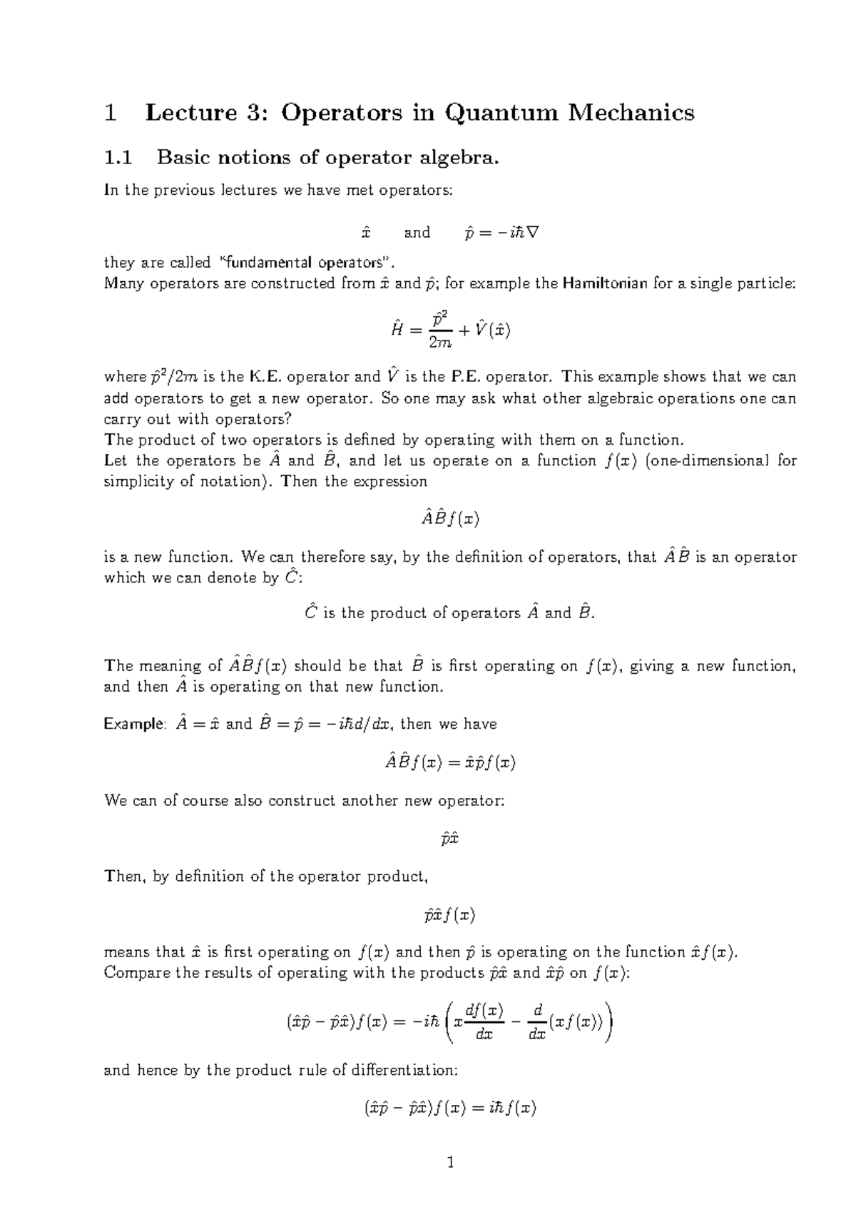 Lecture 3: Operators in Quantum Mechanics (QM101) - Studocu