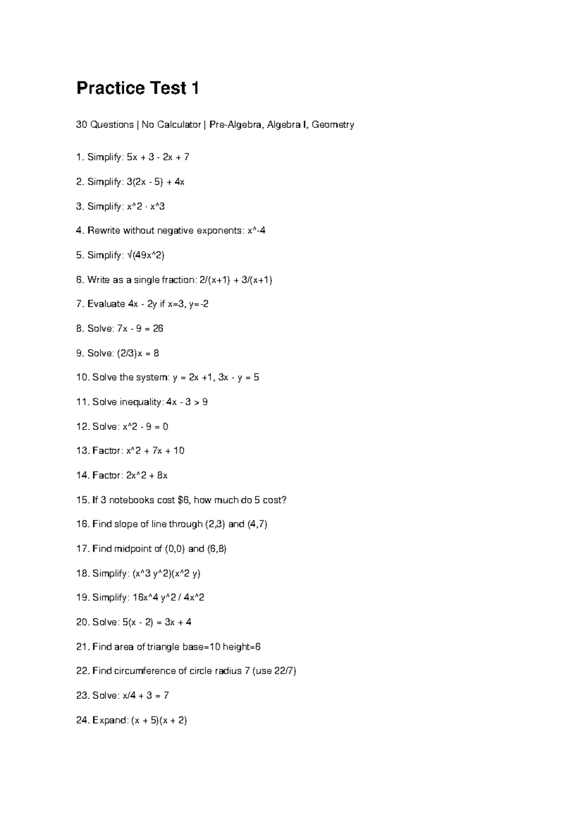 Ncssm Practice Test 1 & 2: Algebra I & Geometry Questions - Studocu