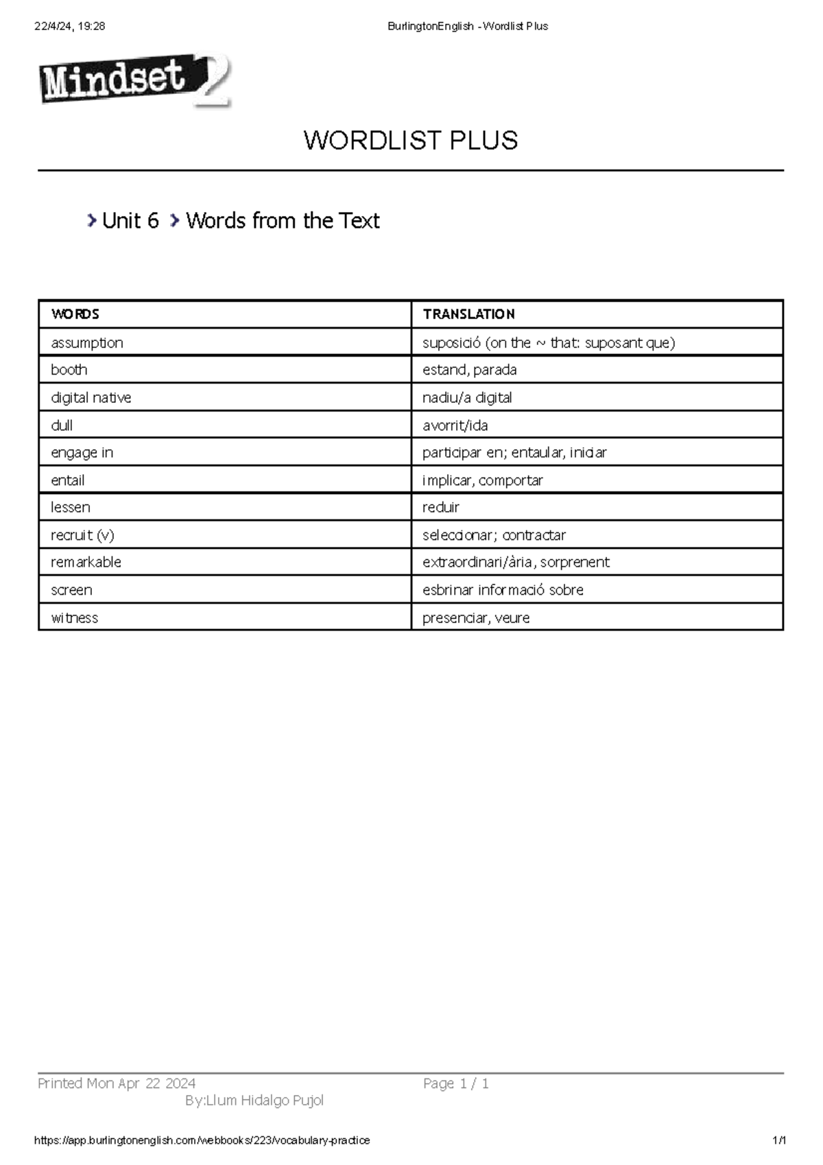 Angles U6 2 - Not very acc - WORDS TRANSLATION assumption suposició (on ...