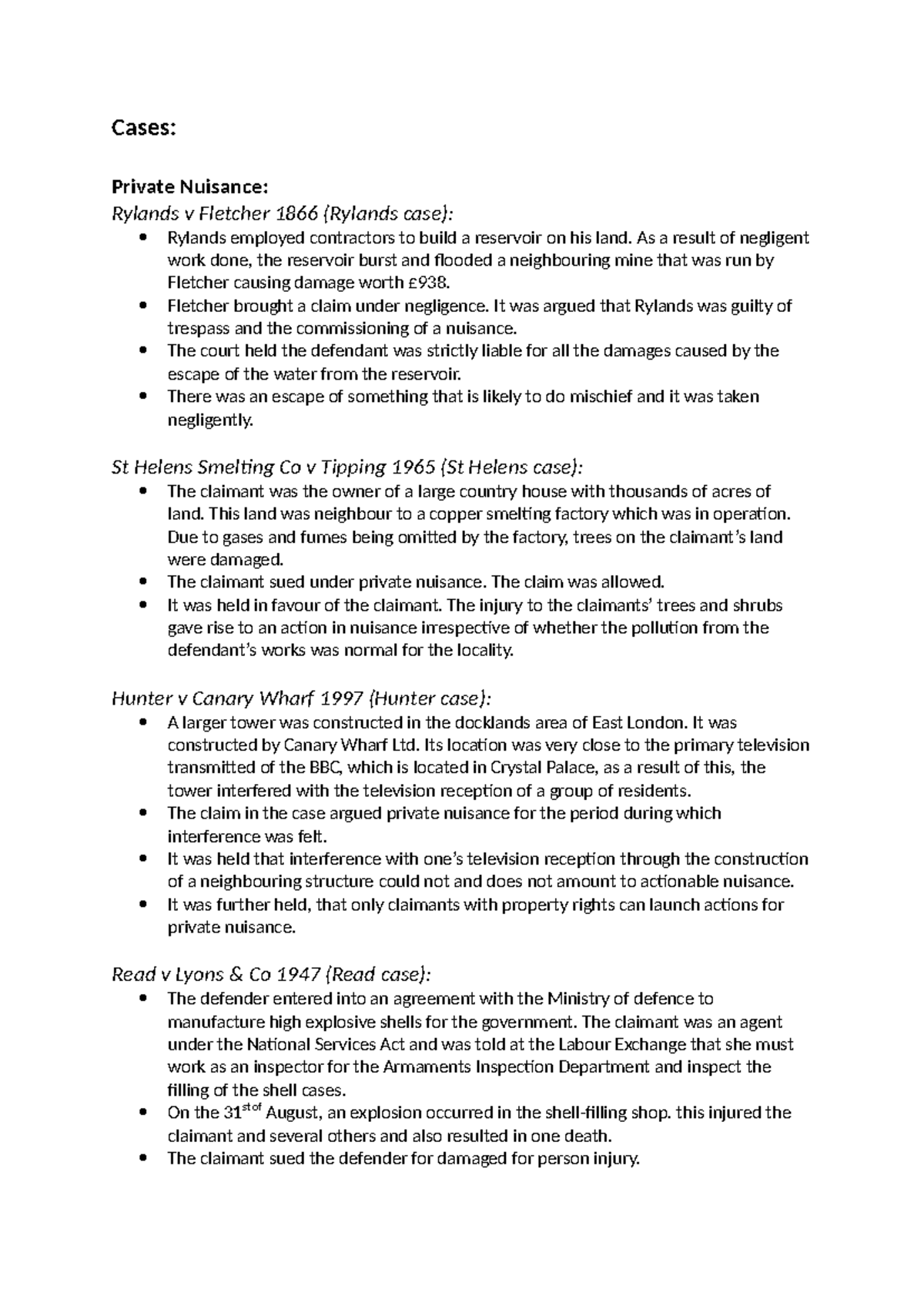 Summary of Tort Case Law - Key Cases & Principles for Law 101 - Studocu