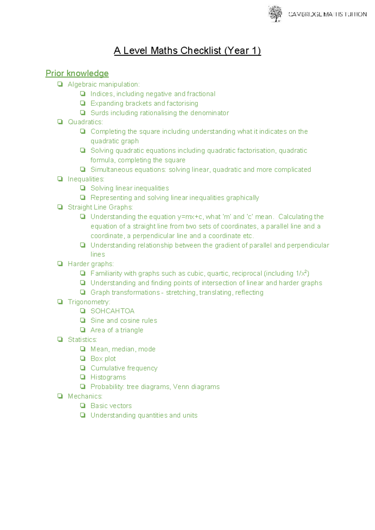 A Level Maths Year 1: Comprehensive Checklist for Key Topics - Studocu