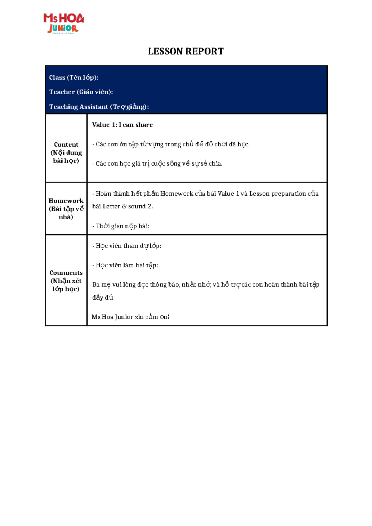 Lesson Report - Value 1 - Kiddie - LESSON REPORT Class (Tên l ớp ...