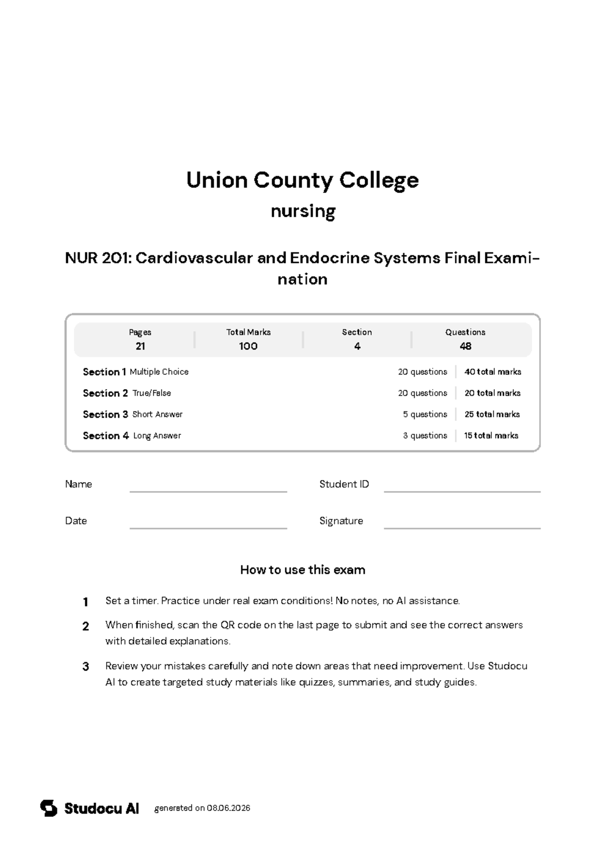 NUR 201: Cardiovascular and Endocrine Systems Final Exam - Studocu