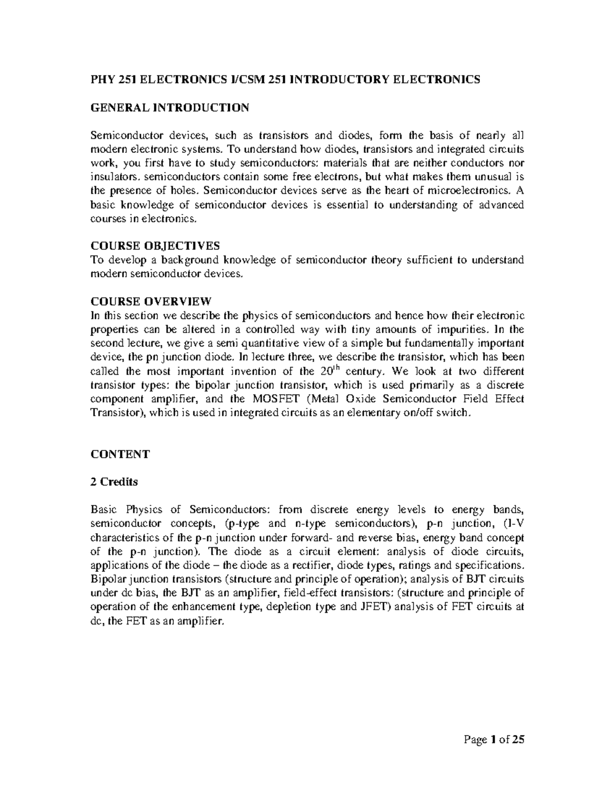 PHY 251 Lecture Notes: Intro to Semiconductor Theory and Devices - Studocu