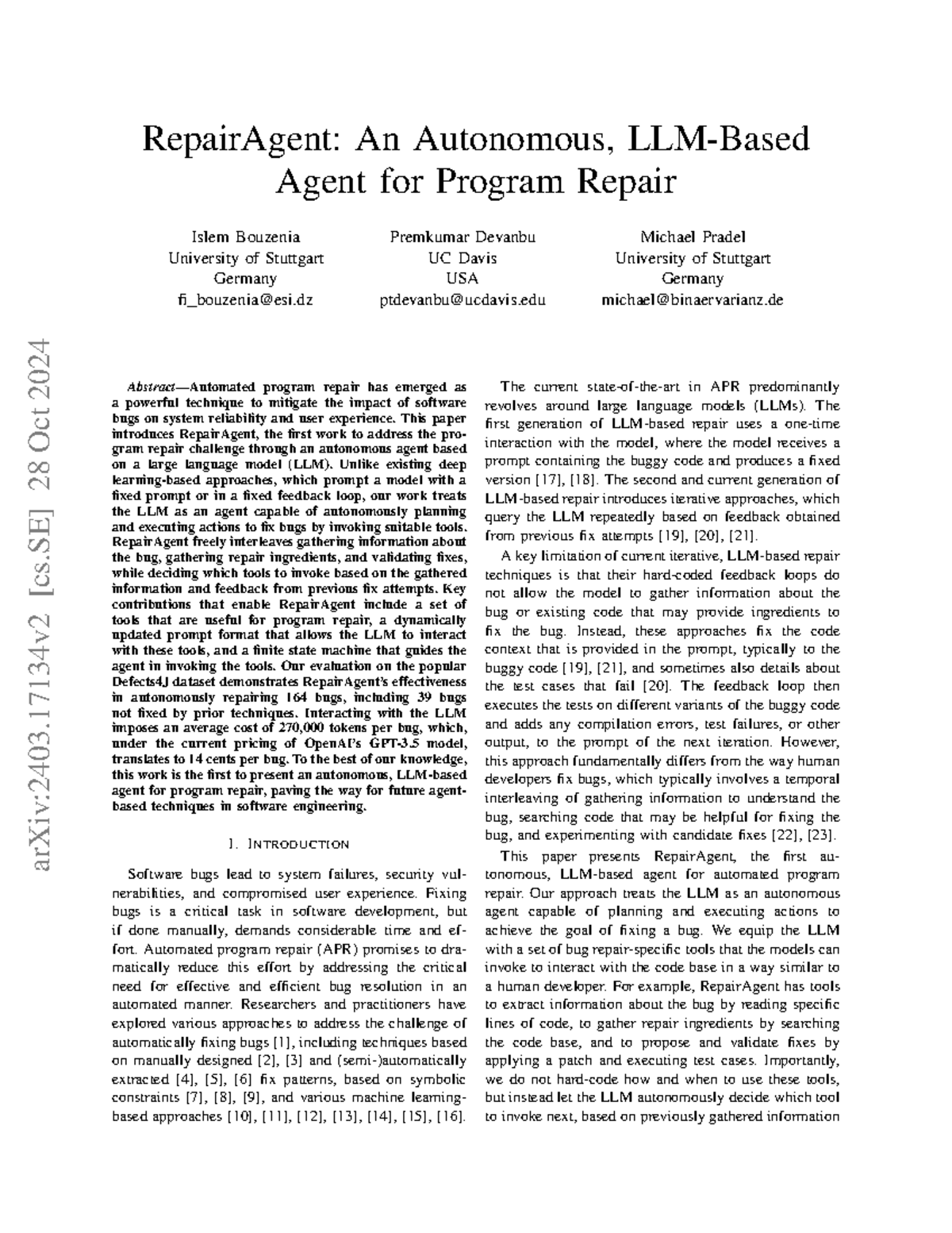 RepairAgent: An Autonomous LLM-Based Agent for Program Repair - Studocu