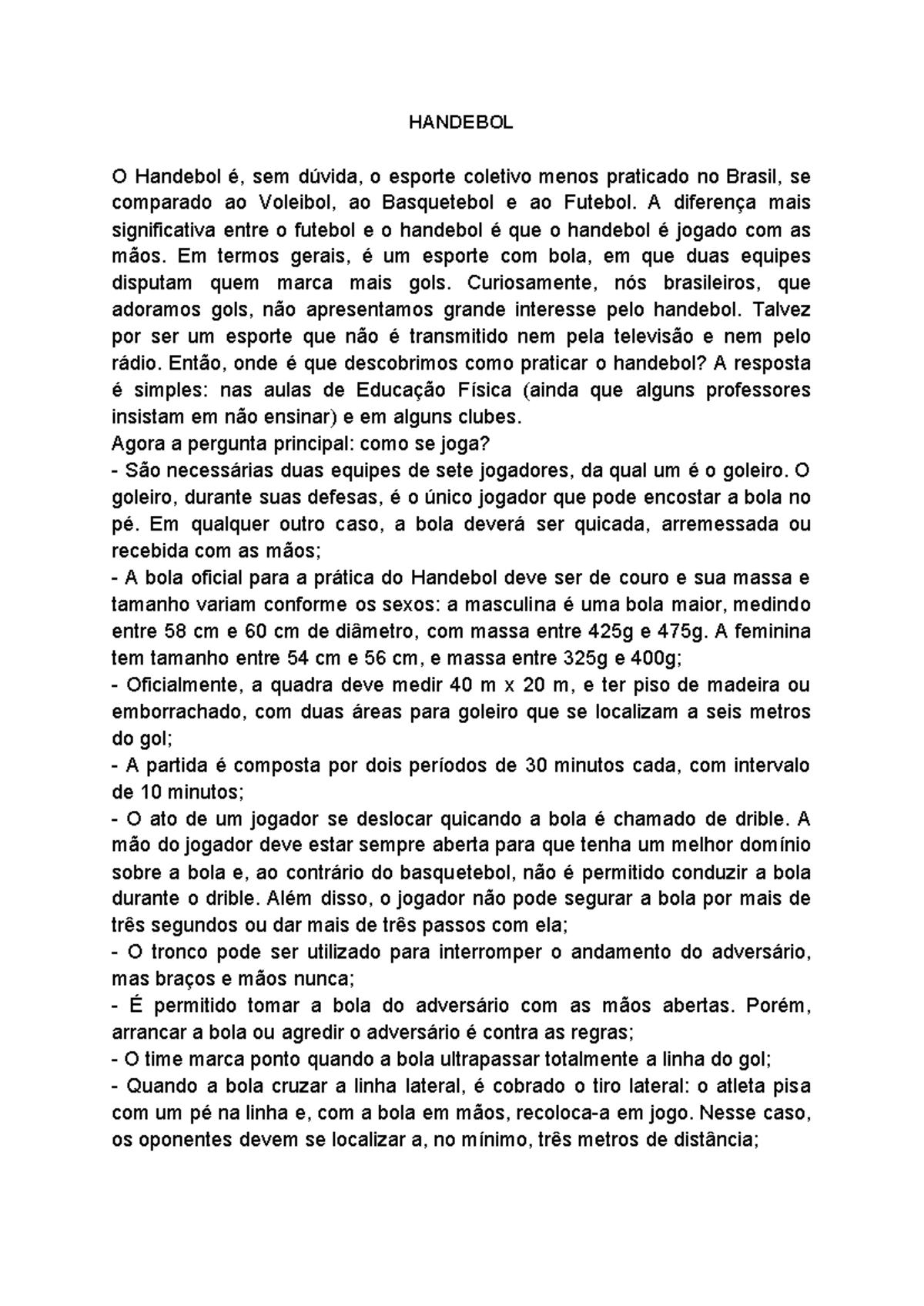 Atividades e Texto sobre Handebol: Regras e História do Esporte - Studocu
