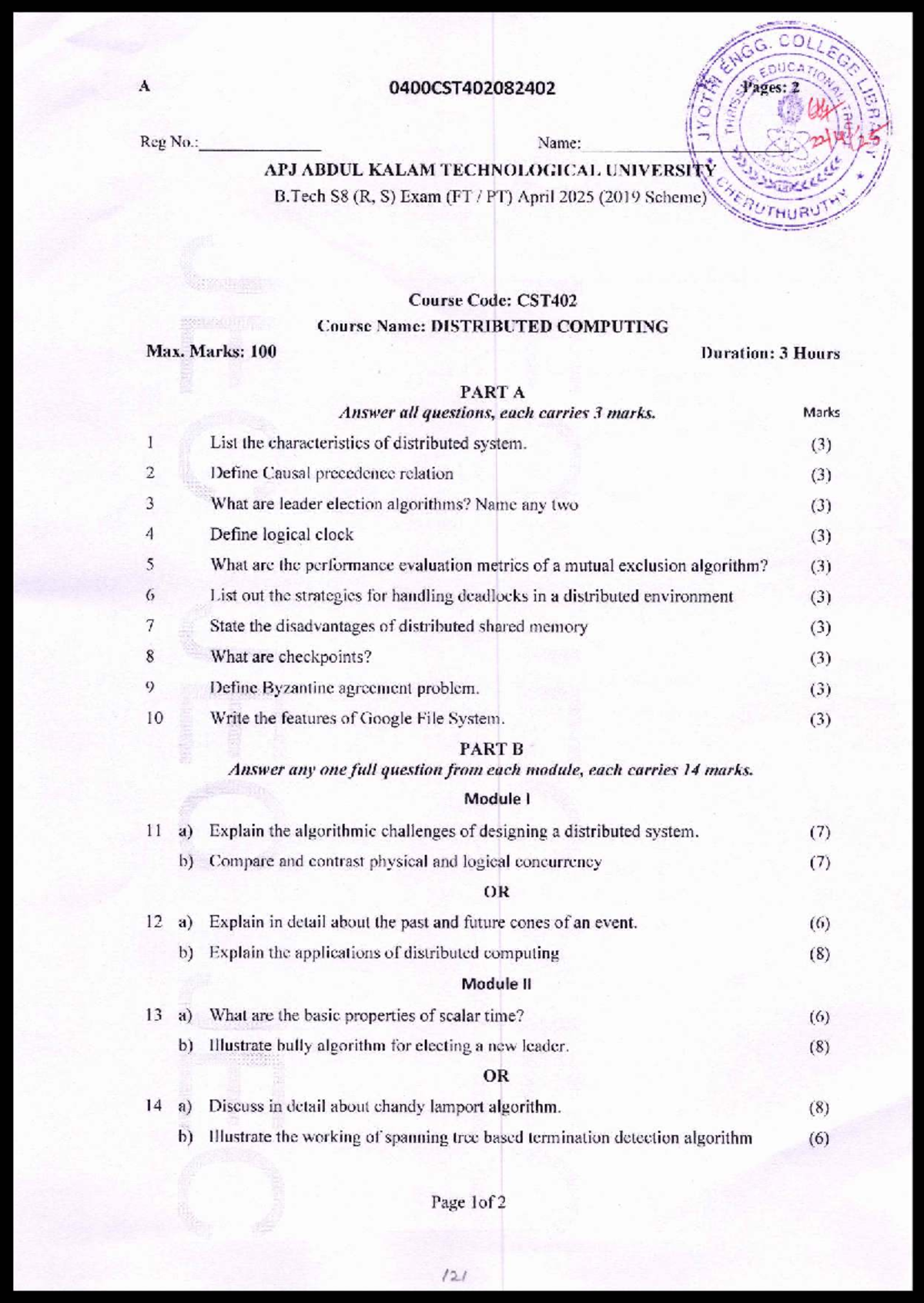 CST402 Distributed Computing Exam Questions - April 2025 - Studocu
