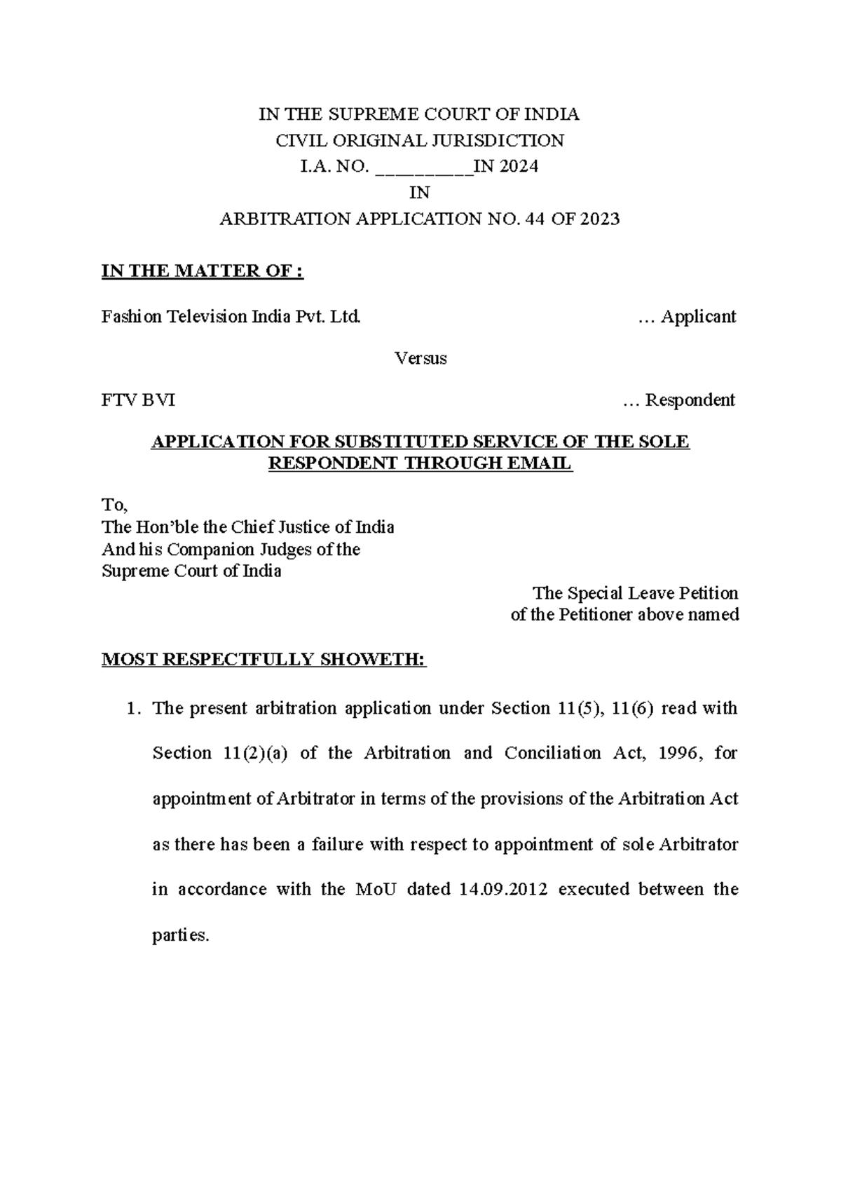 Application for Substituted Service in FTV Arbitration Case - Studocu
