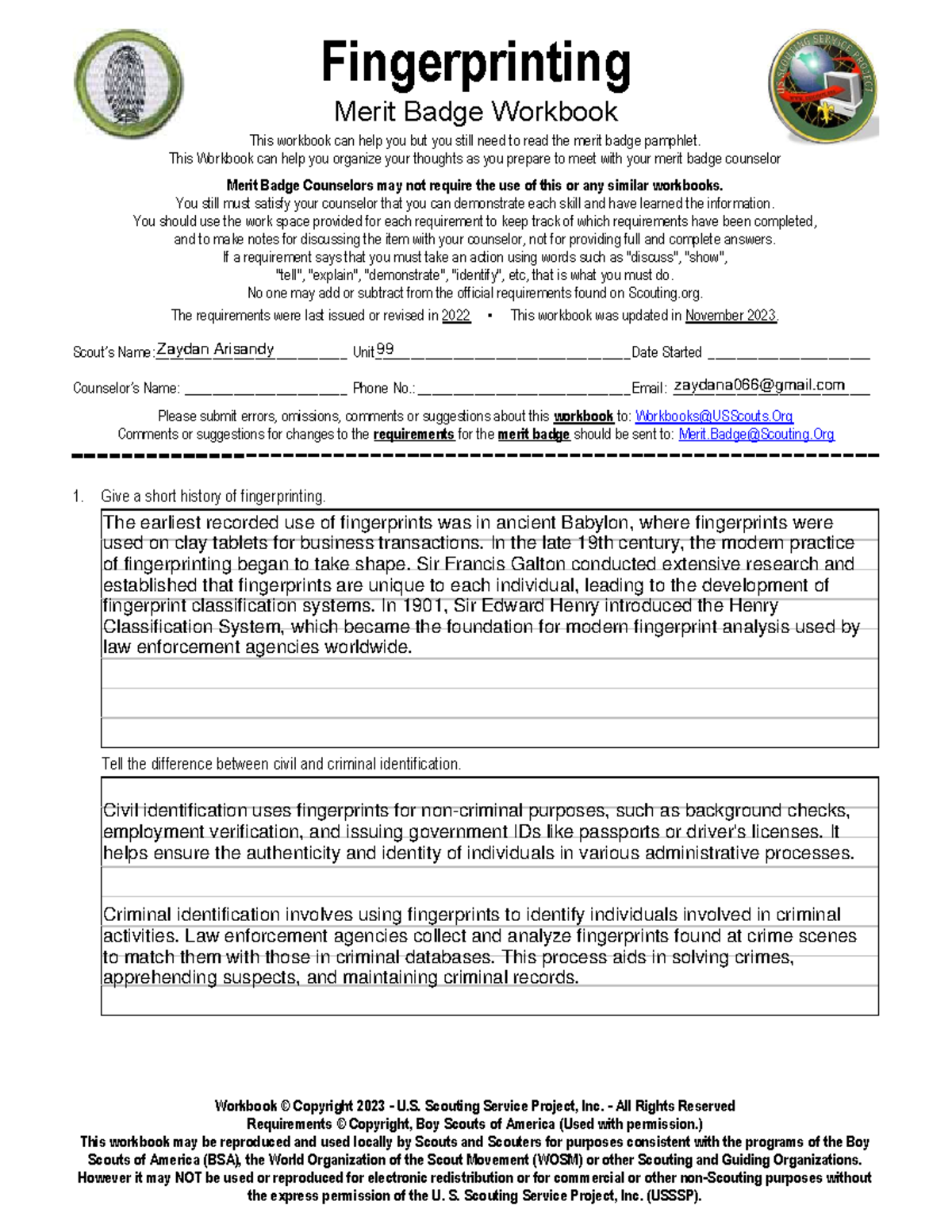 Fingerprinting aosdhiu2iug1yg2o Fingerprinting Merit Badge Workbook