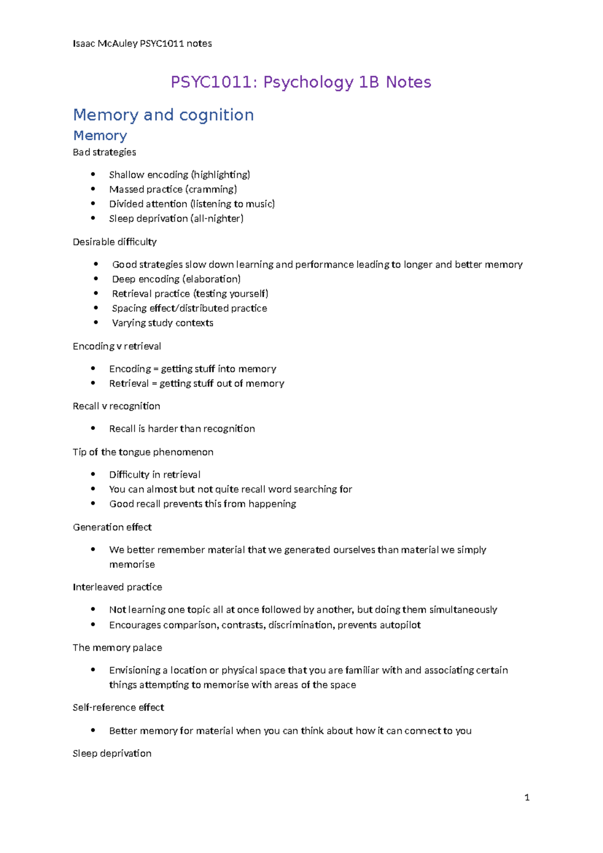 PSYC1011: Psychology 1B Notes on Memory and Cognition Strategies - Studocu