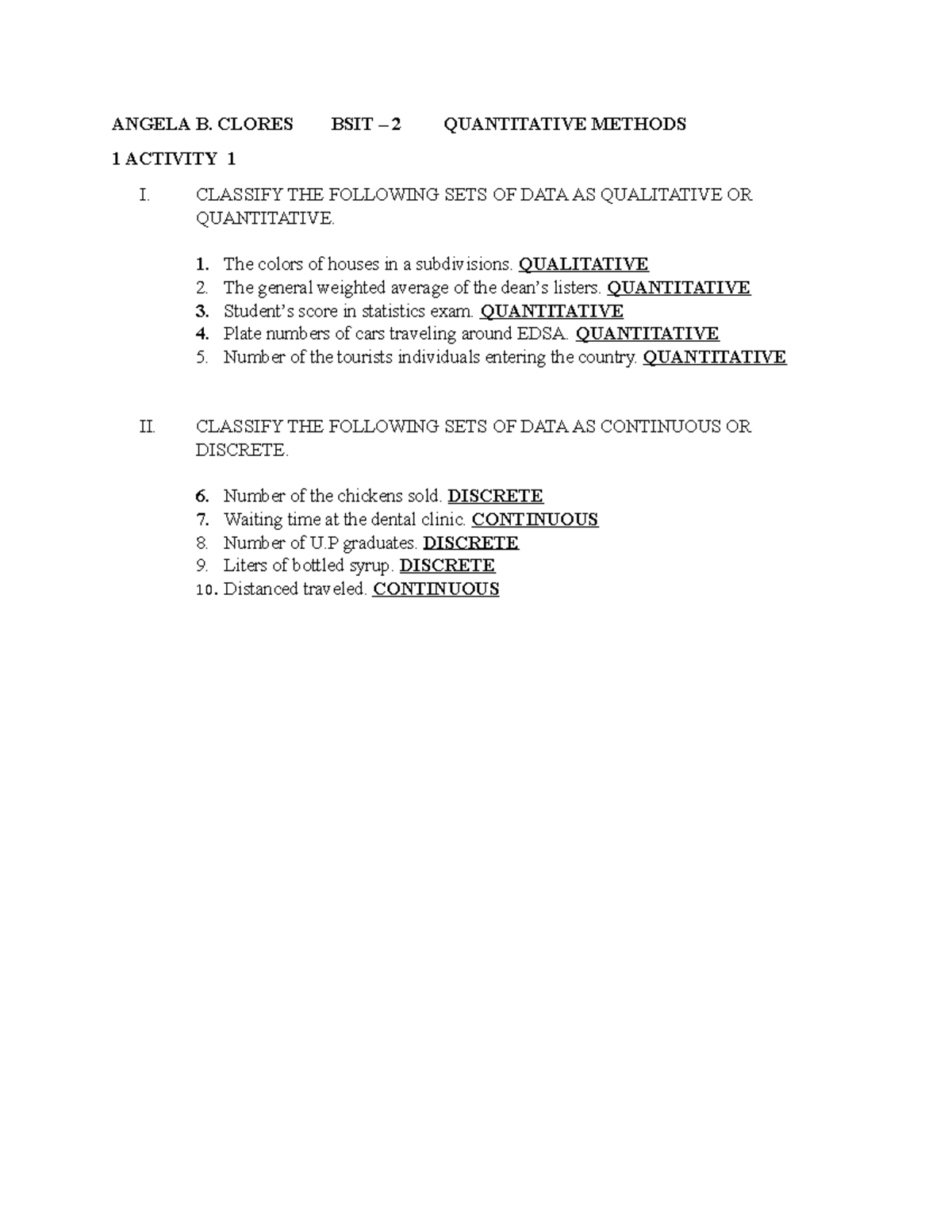 BSIT-2: Activity 1 - Classifying Qualitative & Quantitative Data - Studocu
