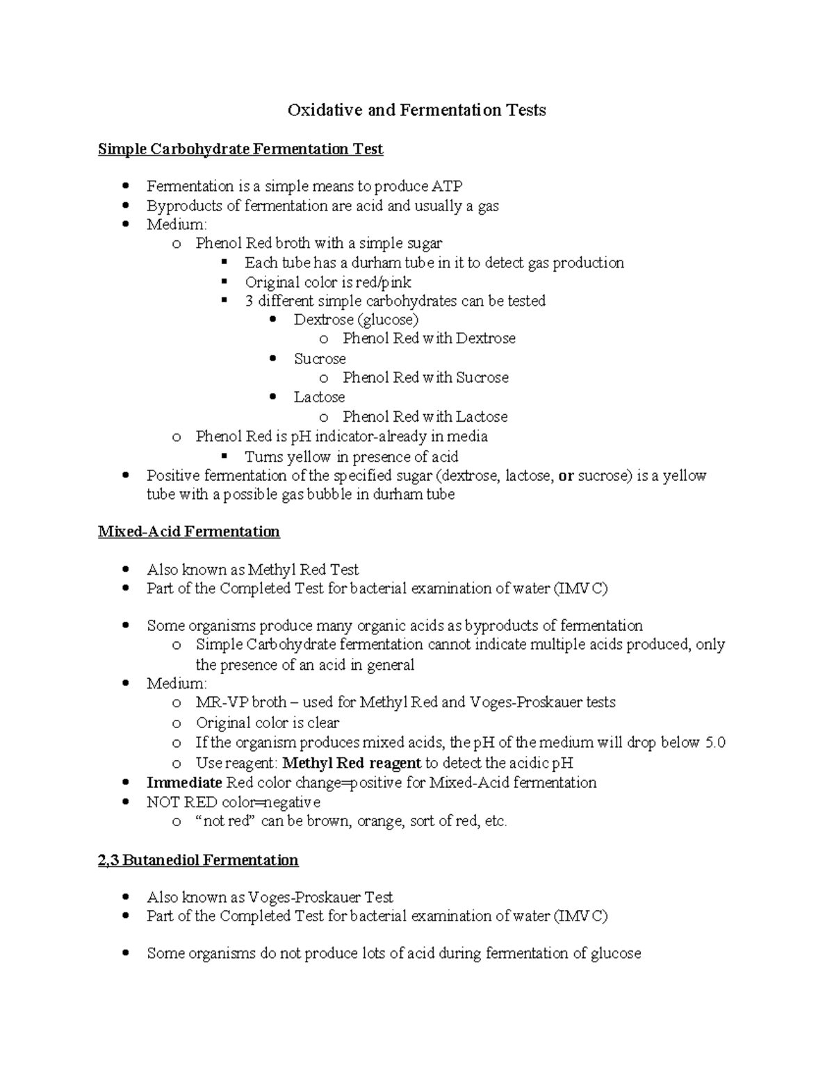Oxidative and Fermentation Tests Notes for Microbiology (BIO 101) - Studocu