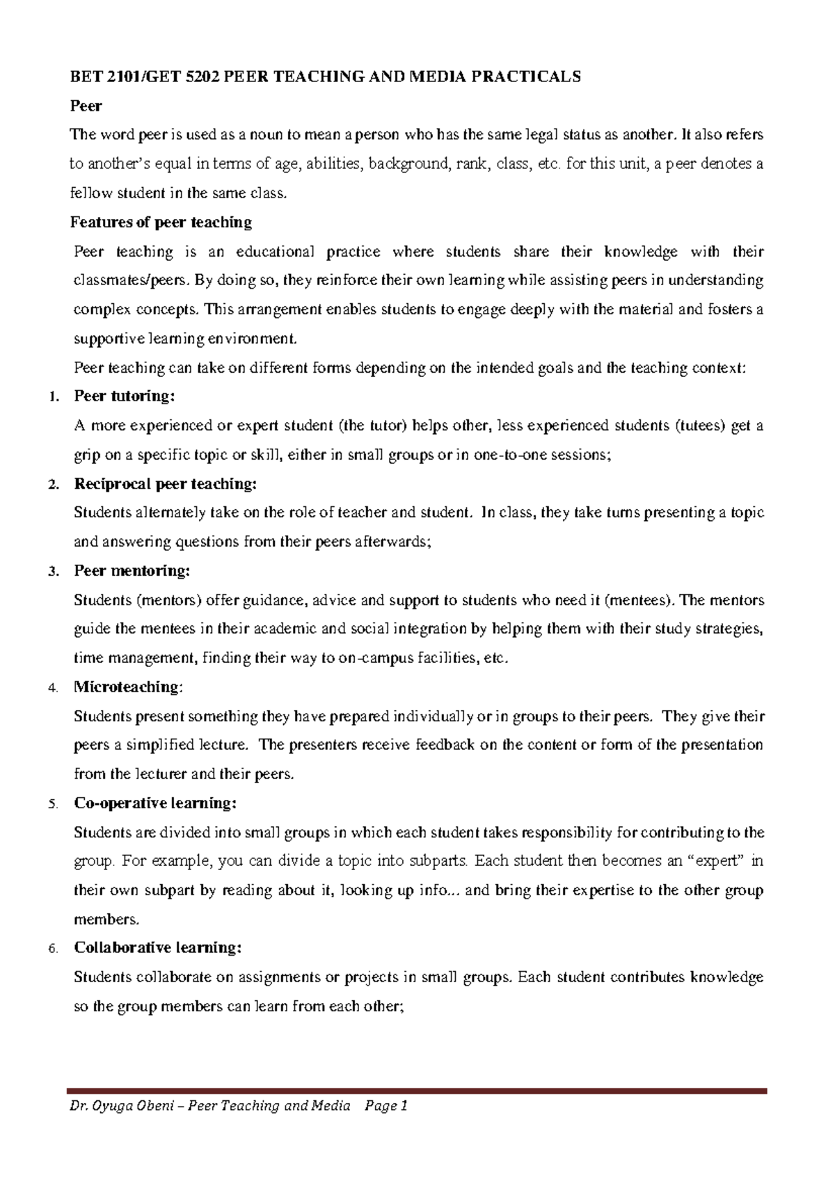 BET 5202 PEER TEACHING AND MEDIA PRACTICALS: Comprehensive Notes - Studocu