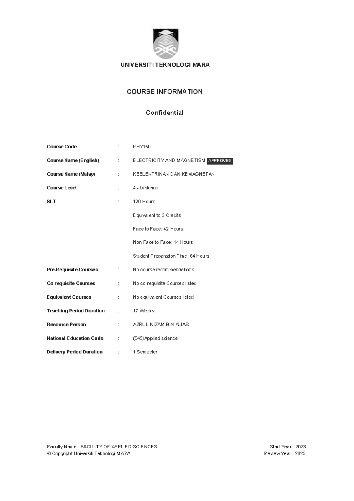 Electricity and Magnetism Course Outline (PHY150) - 2023 - Studocu