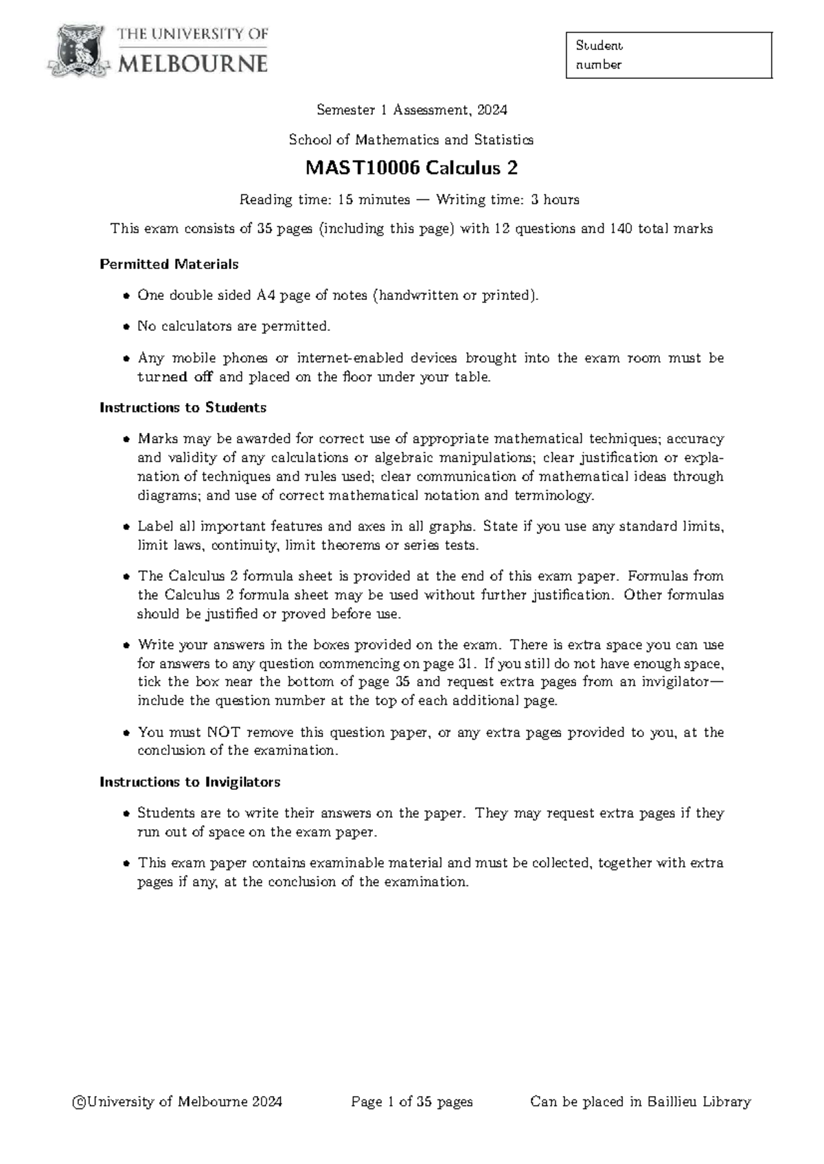 Calculus 2 Semester 1, 2024 Past Exam Paper - Studocu