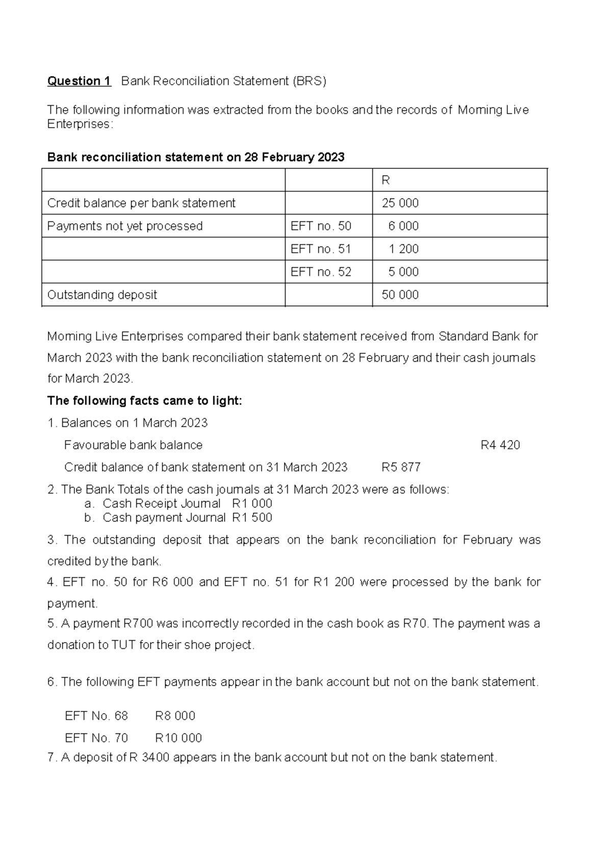 Question 1: Bank Reconciliation Statement (BRS) Analysis - Studocu