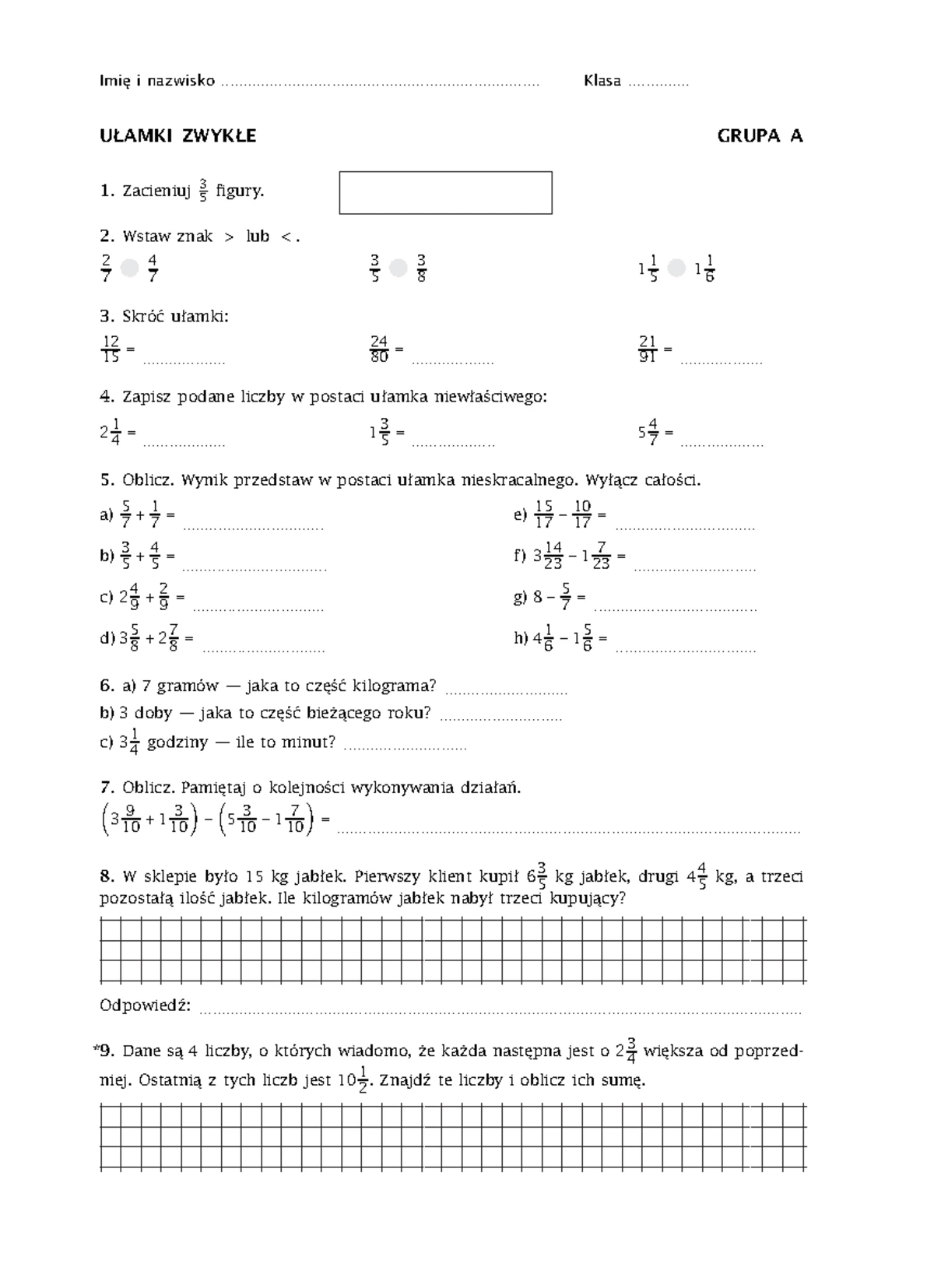 Sprawdzian Kl.4 Matematyka Ułamki Zwykłe www.studocu.com