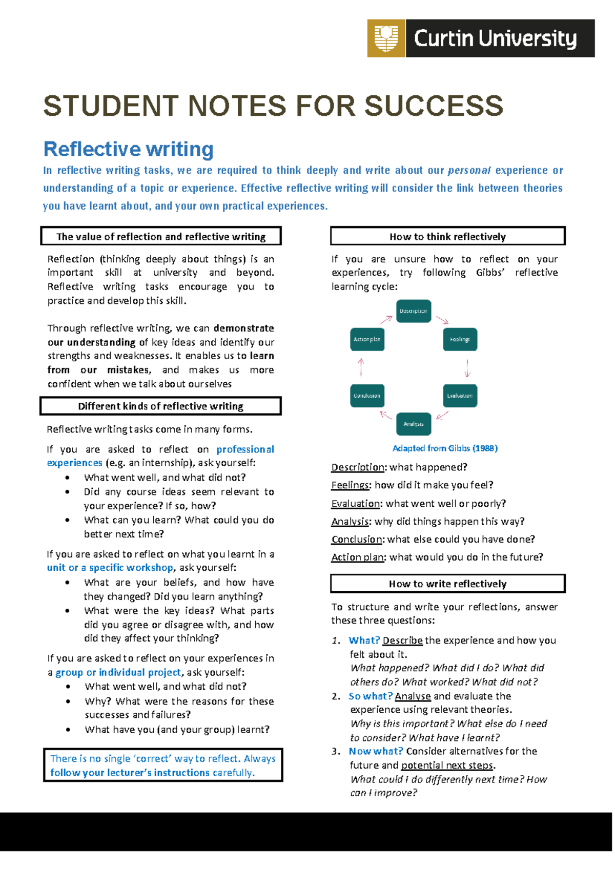STUDENT NOTES FOR SUCCESS: Reflective Writing Guide - Studocu