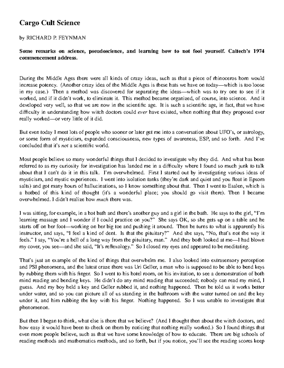 Cargo Cult Science: Insights from Richard P. Feynman's 1974 Address ...