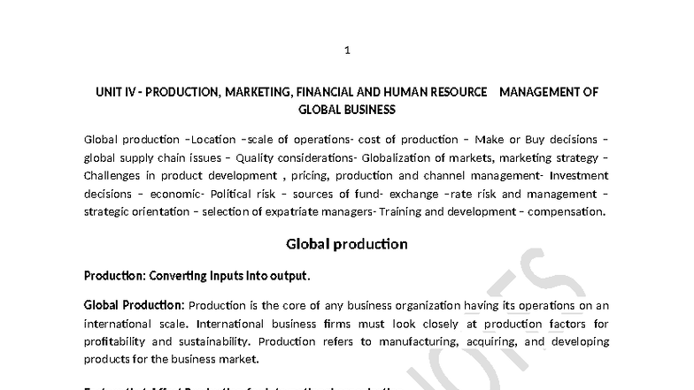UNIT IV: PRODUCTION, MARKETING, AND HRM IN GLOBAL BUSINESS - Studocu