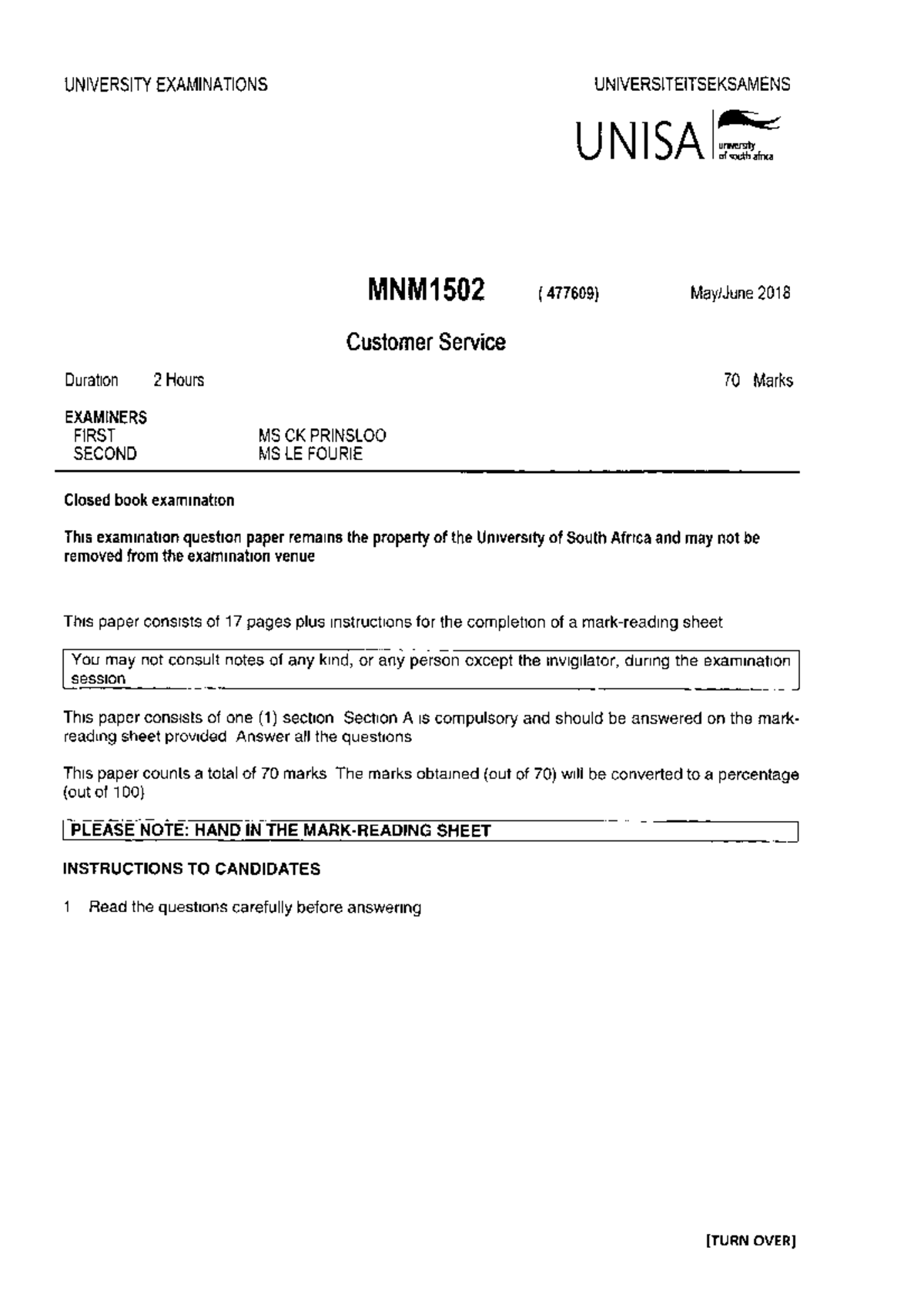 MNM1502 2018 Customer Service Past Exam Paper - Studocu