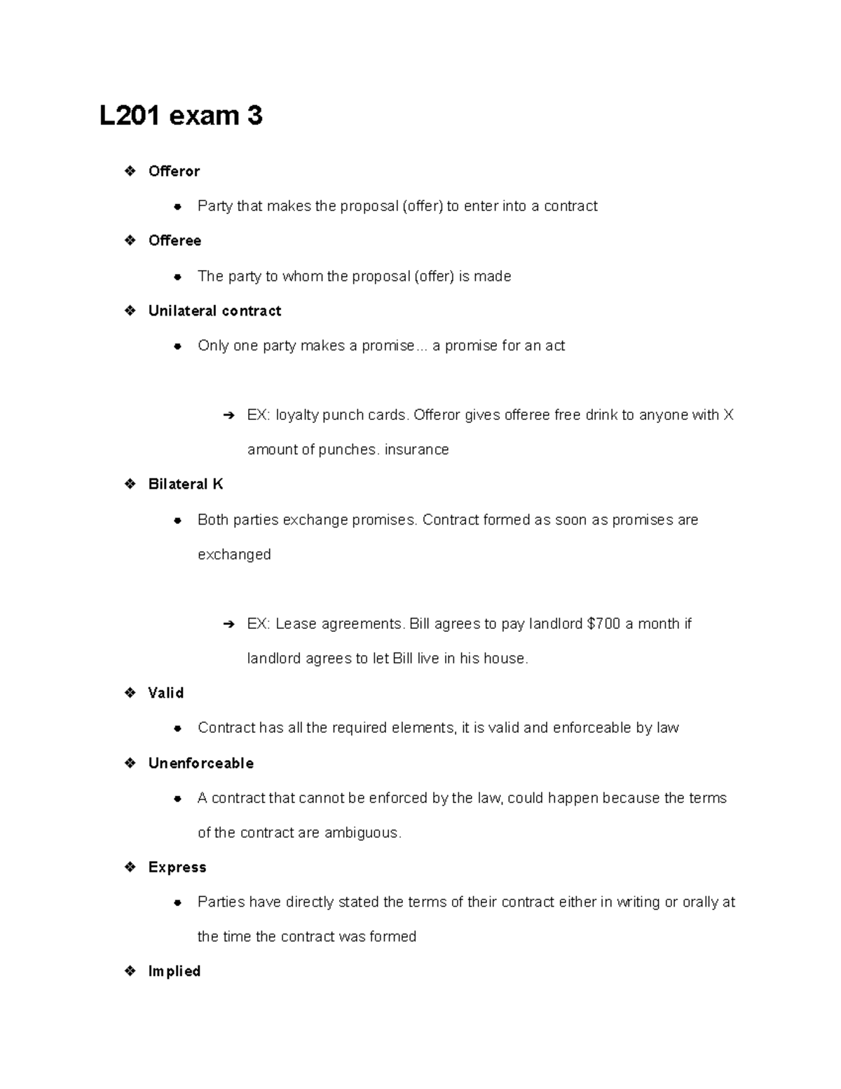 L201 Exam 3 Key Terms: Understanding Contract Law Concepts - Studocu