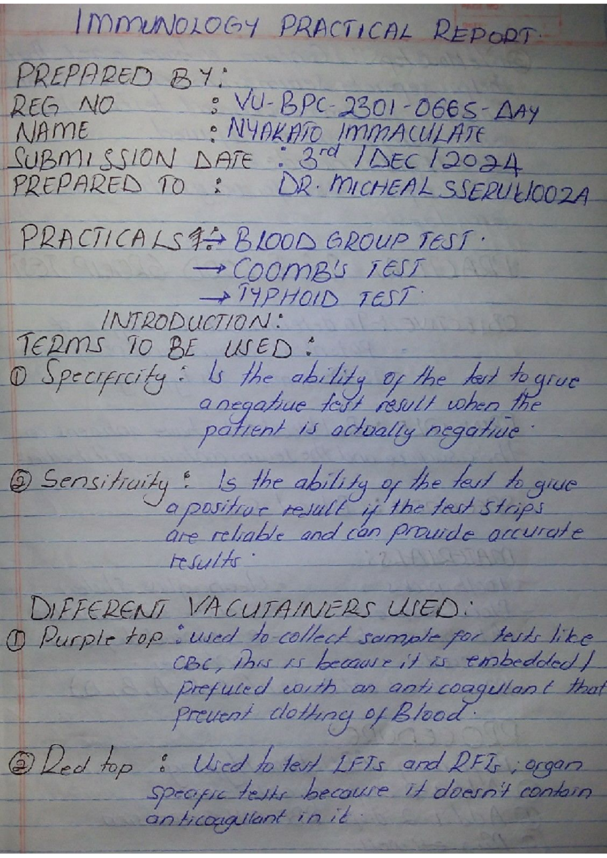 Immunology practical 1 immaculate - IMMUNOLOGY PRACTICAL REPORT ...