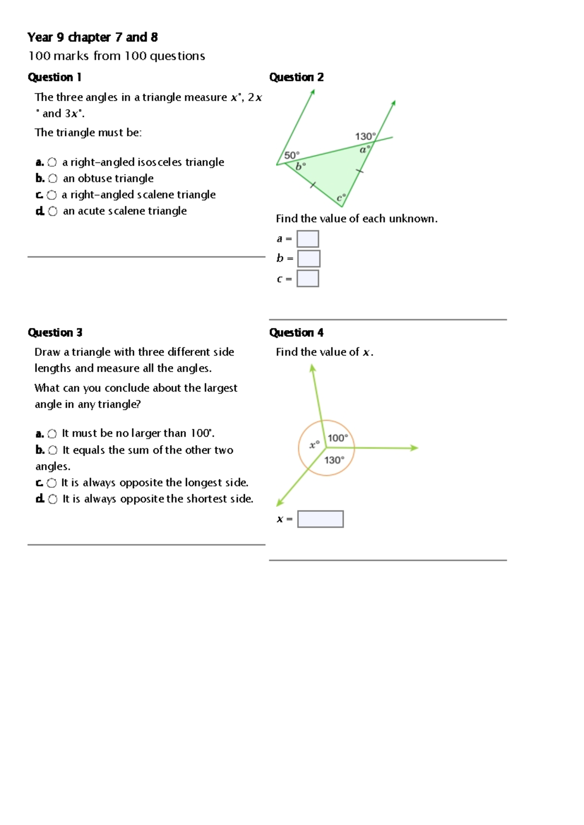 Year 9 Math Questions from Chapters 7 & 8 - 100 Marks Assessment - Studocu