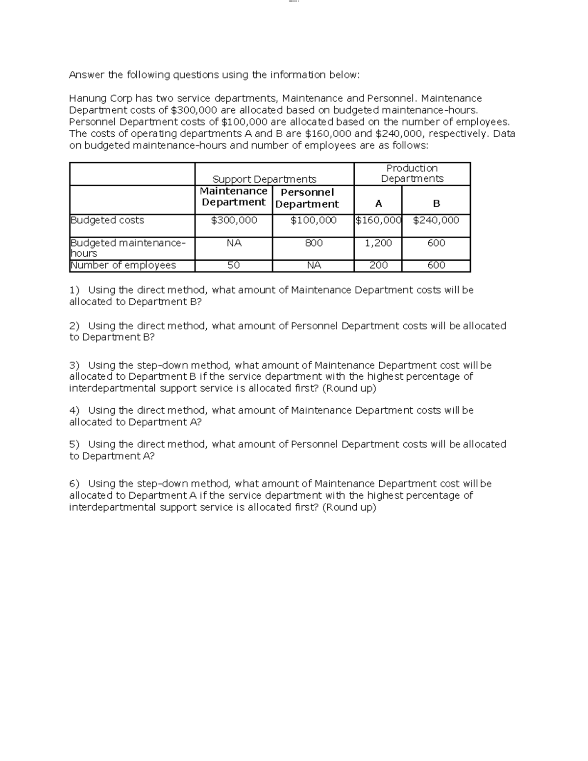COST ACCOUNTING - DEPARTMENTALIZATION Practice Quiz (COST 101) - Studocu