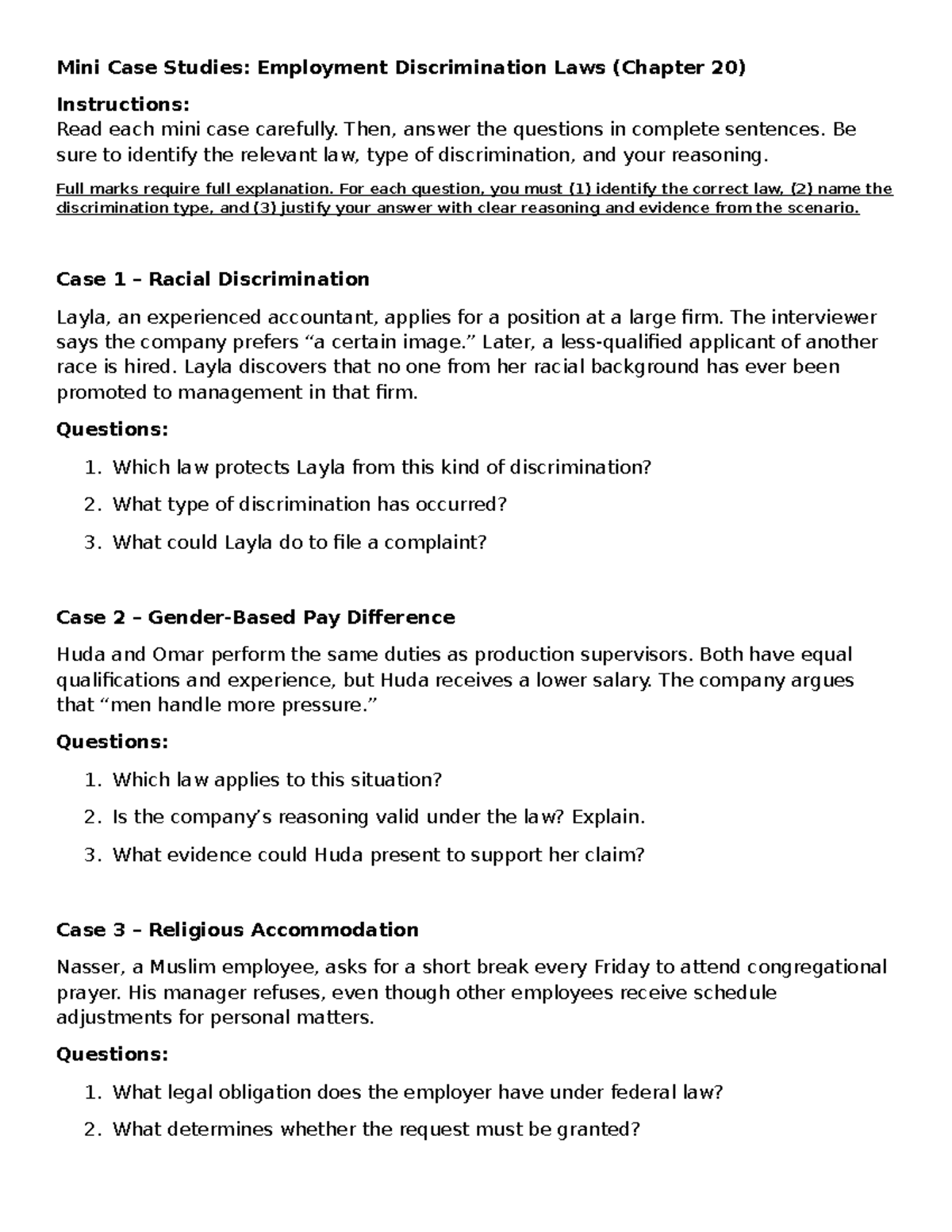 BUSI 3311 Chapter 20: Mini Case Studies on Employment Discrimination ...
