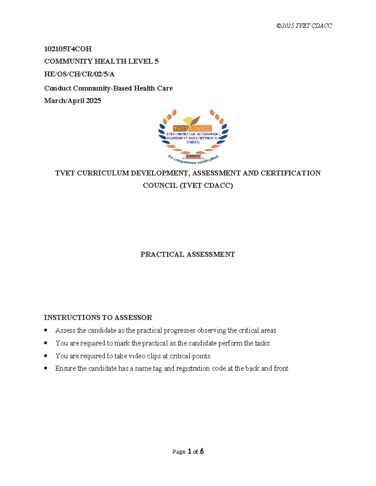 TVET CDACC 102105T4COH Level 5 Community Health Practical Assessment ...