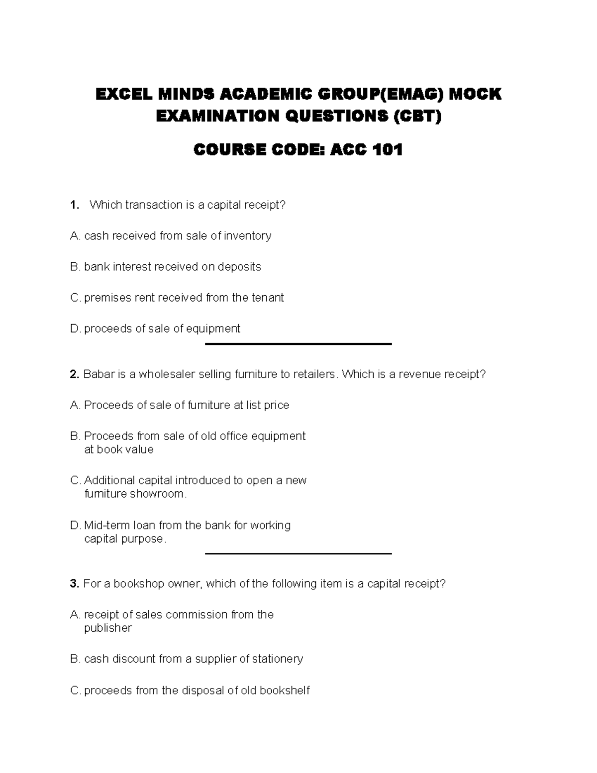 ACC 101 - Mock Exam Questions on Financial Accounting - Studocu