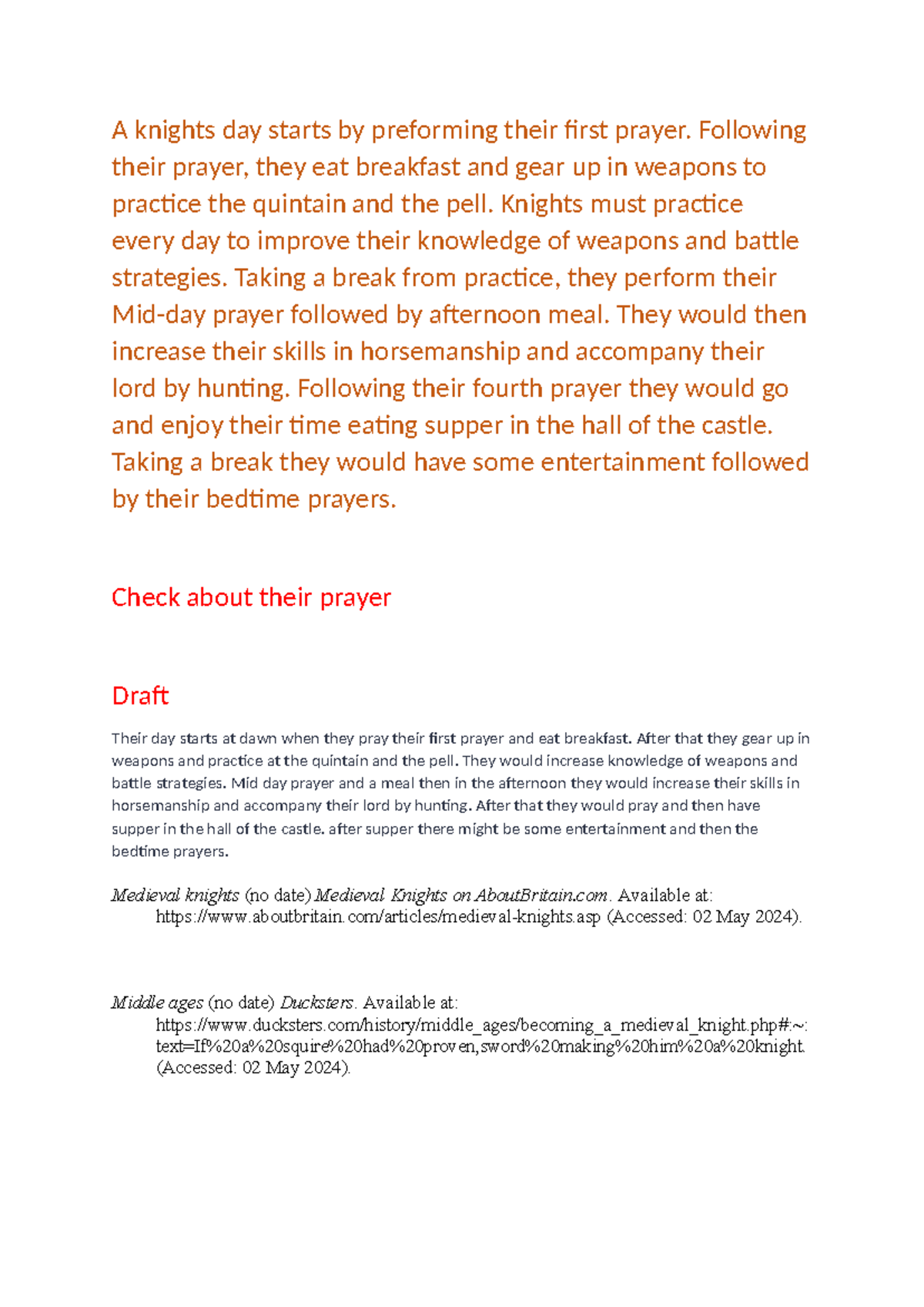 A Knight's Daily Routine: Prayers, Practice, and Feasts - Studocu