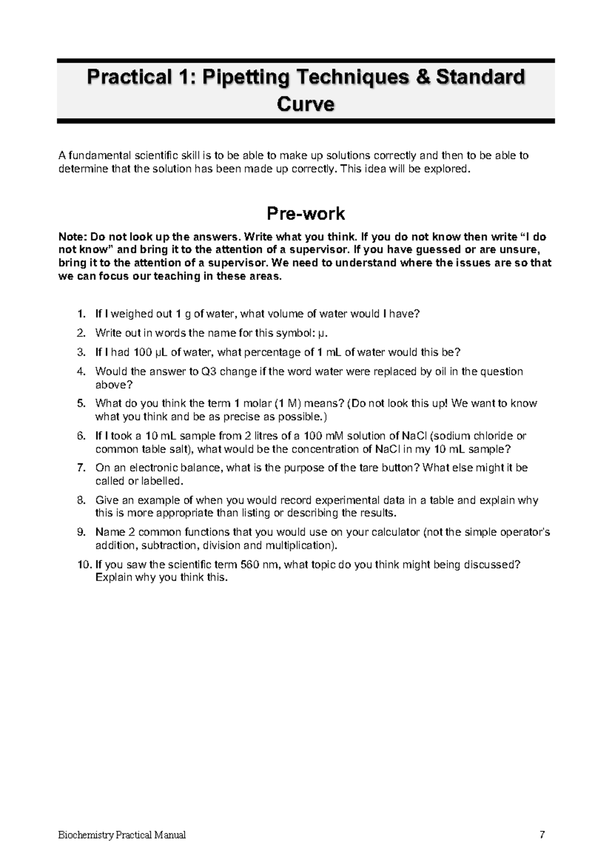 Prac 1 - practical 1 for biochemistry - Practical 1: Pipetting ...