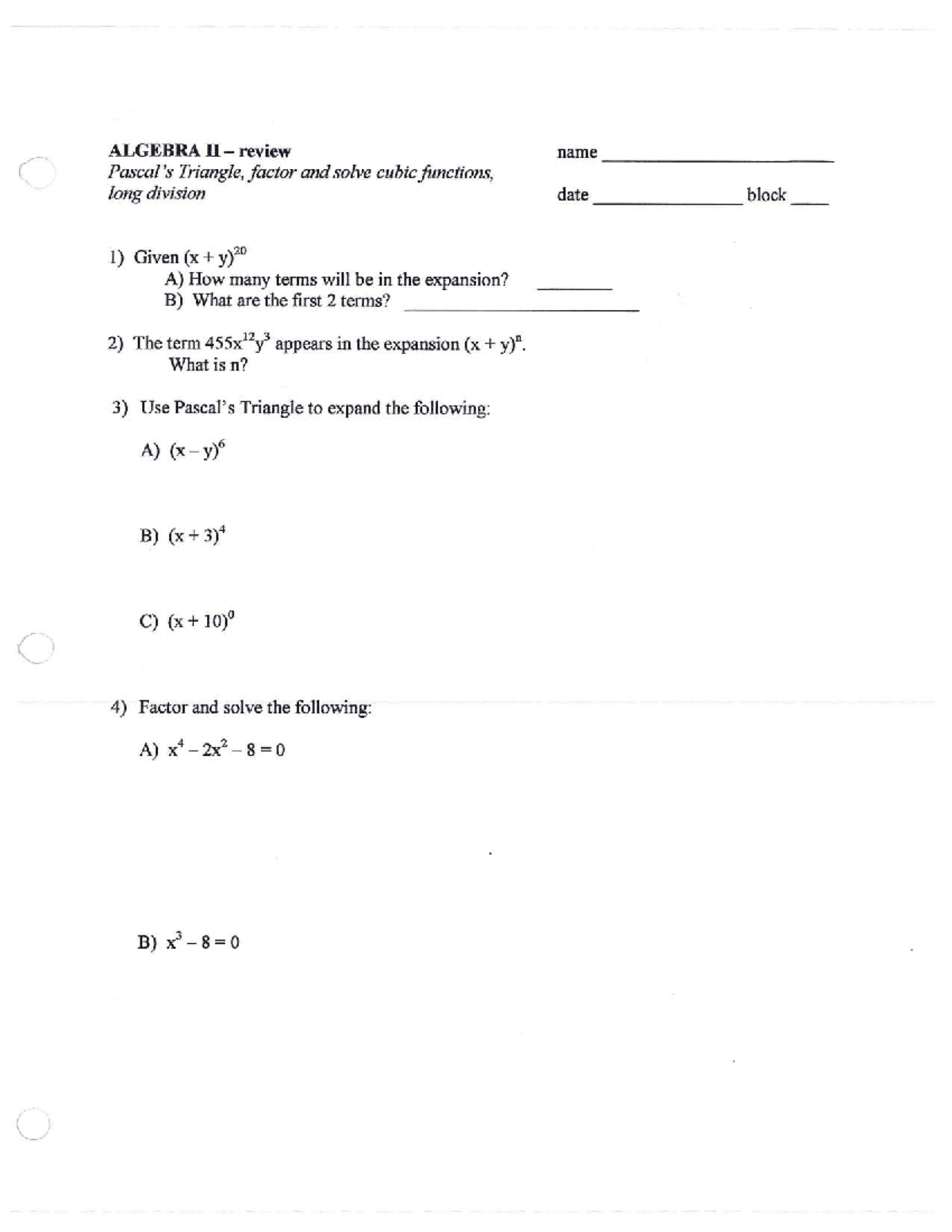 Test review and key study all long division wkst - ALGEBRA II review ...