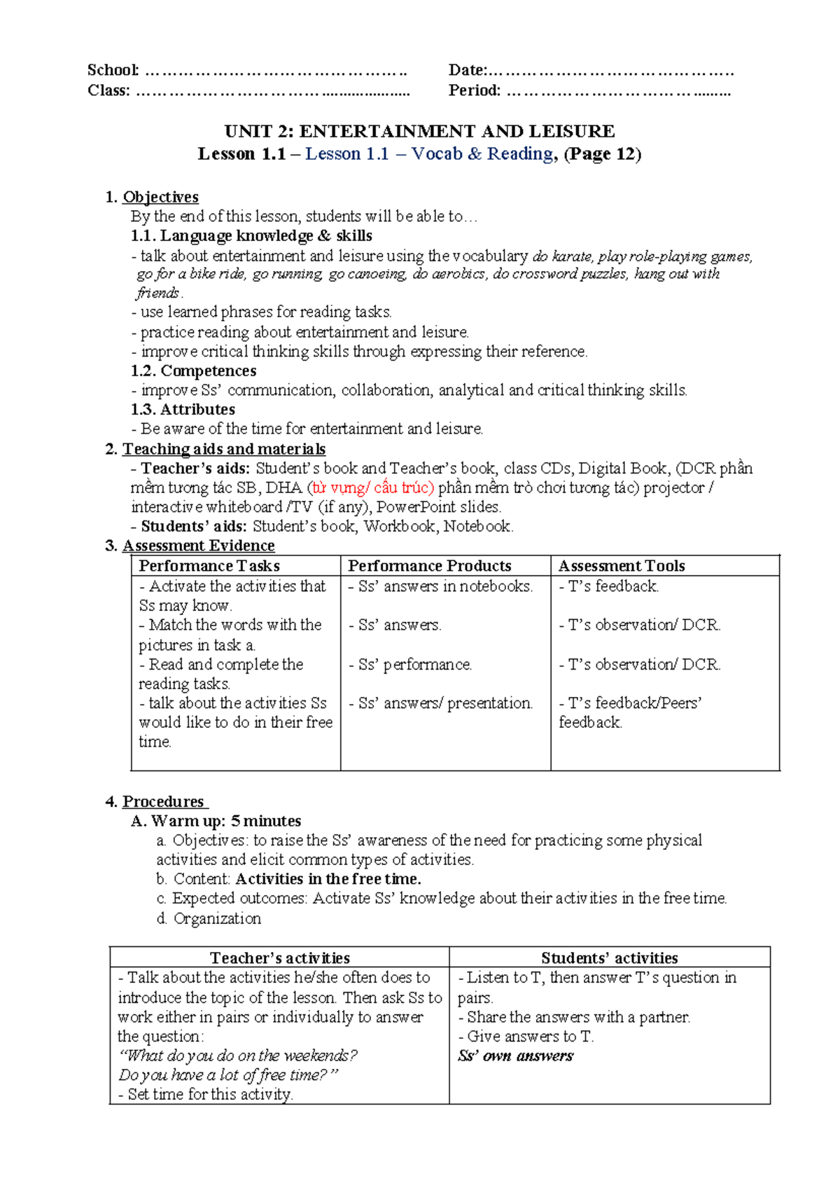 Unit 2, Lesson 1.1 - Vocab & Reading - School