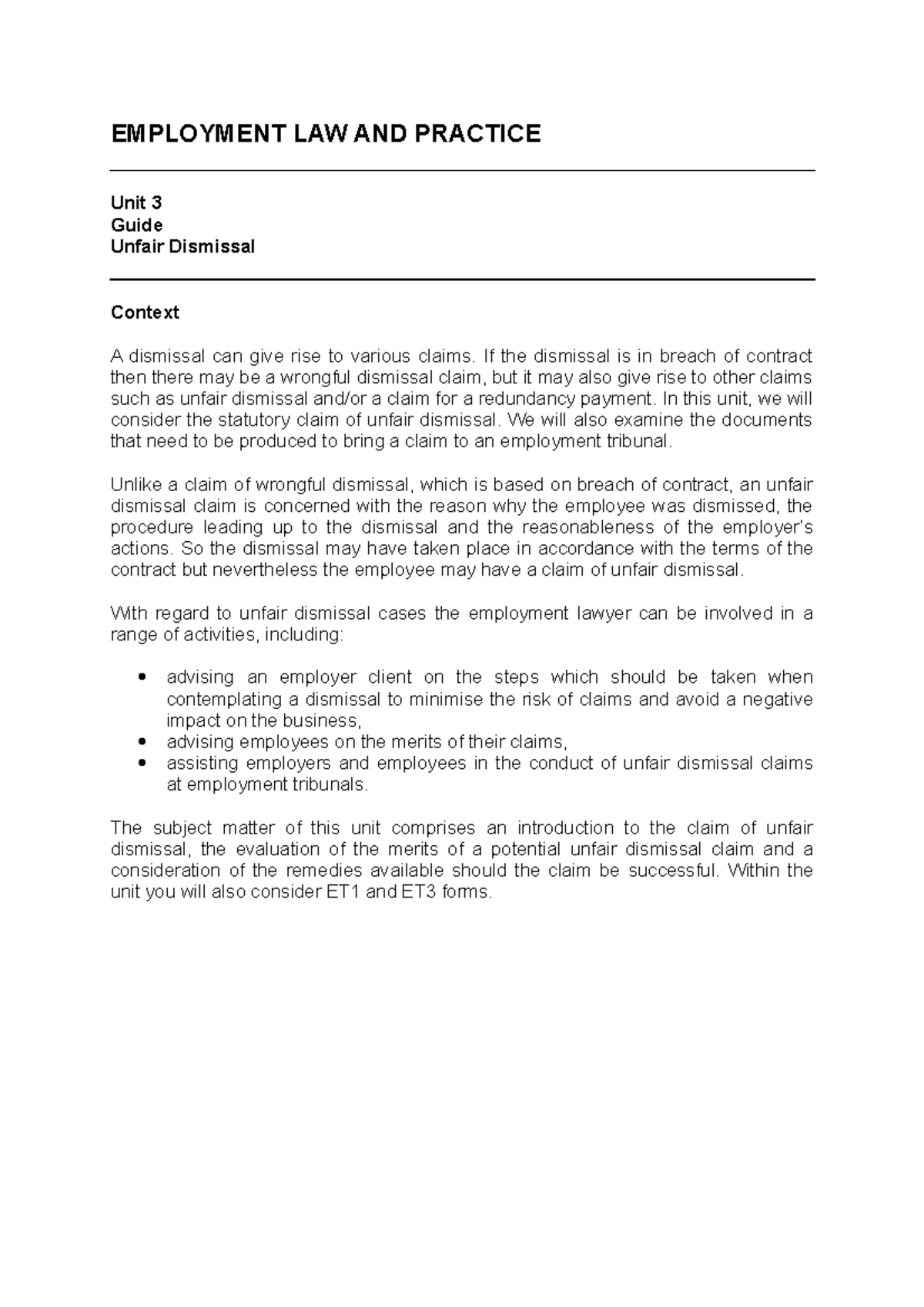 U3 - Understanding Unfair Dismissal Claims and Procedures - Studocu