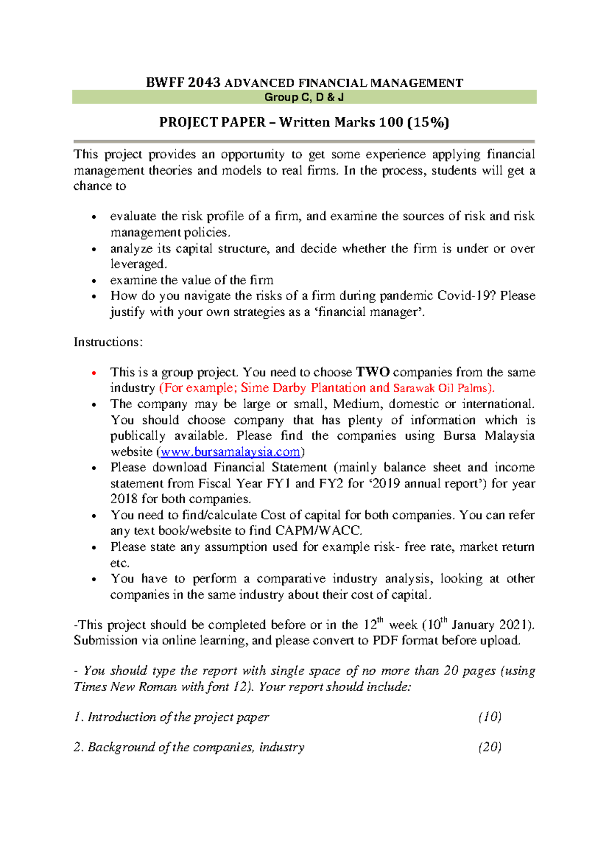 BWFF2043 Group Project Paper: Advanced Financial Management Analysis ...