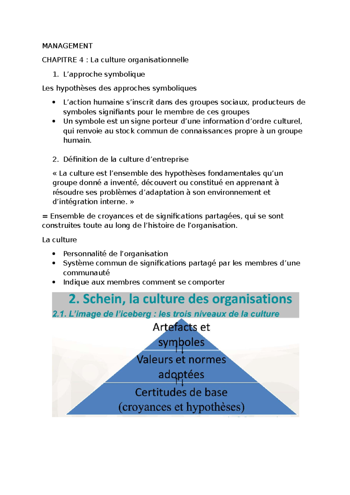 MANAGEMENT CHAPITRE 4 : La Culture Organisationnelle et Symboles - Studocu