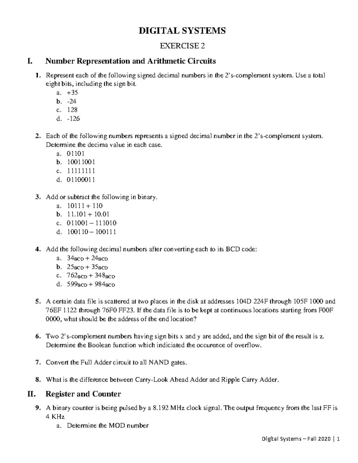 Digital Systems Exercise Chapter 2 - Fall 2020 - Studocu