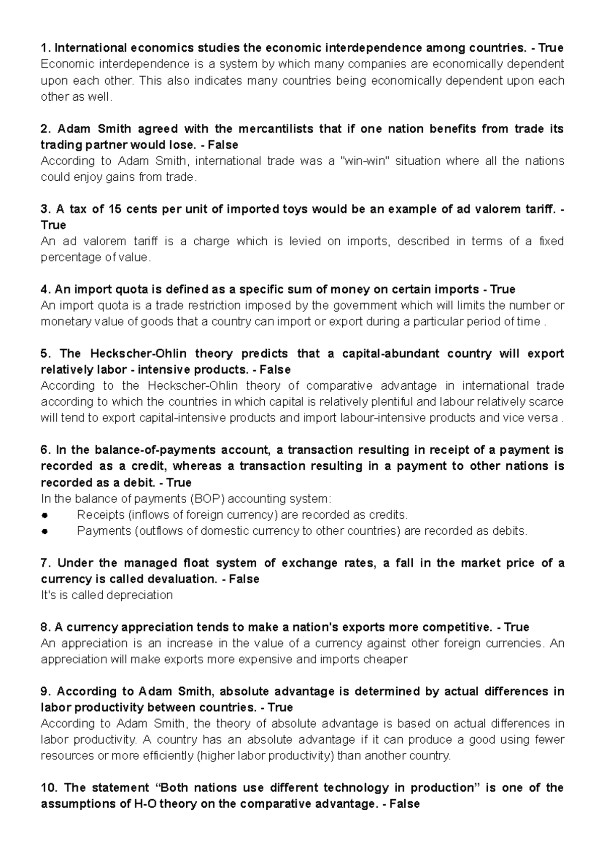International Economics Quiz (ECO 101): True or False Statements - Studocu