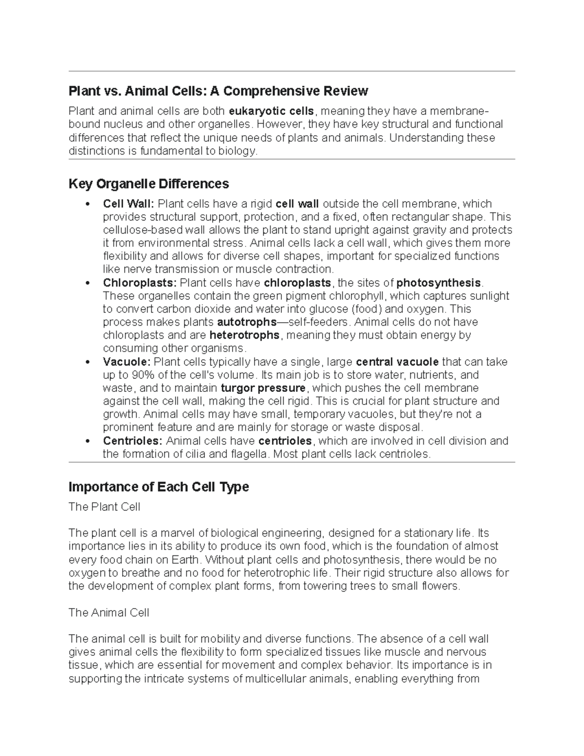 Plant vs. Animal Cells: Key Differences and Functions - Studocu