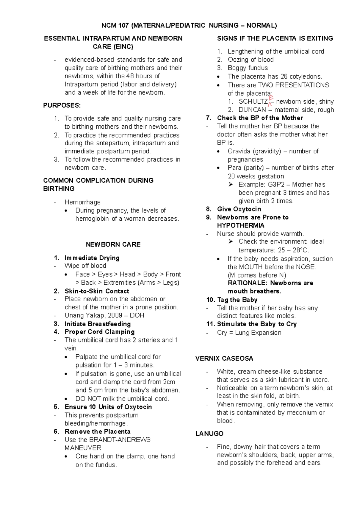 NCM 107 - EINC Guidelines for Intrapartum and Newborn Care - Studocu