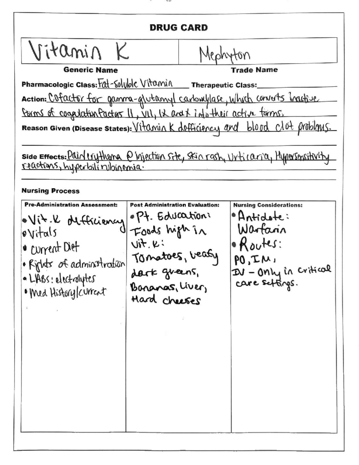Drug Cards Unit 2: Key Medications, Actions, and Nursing Considerations ...