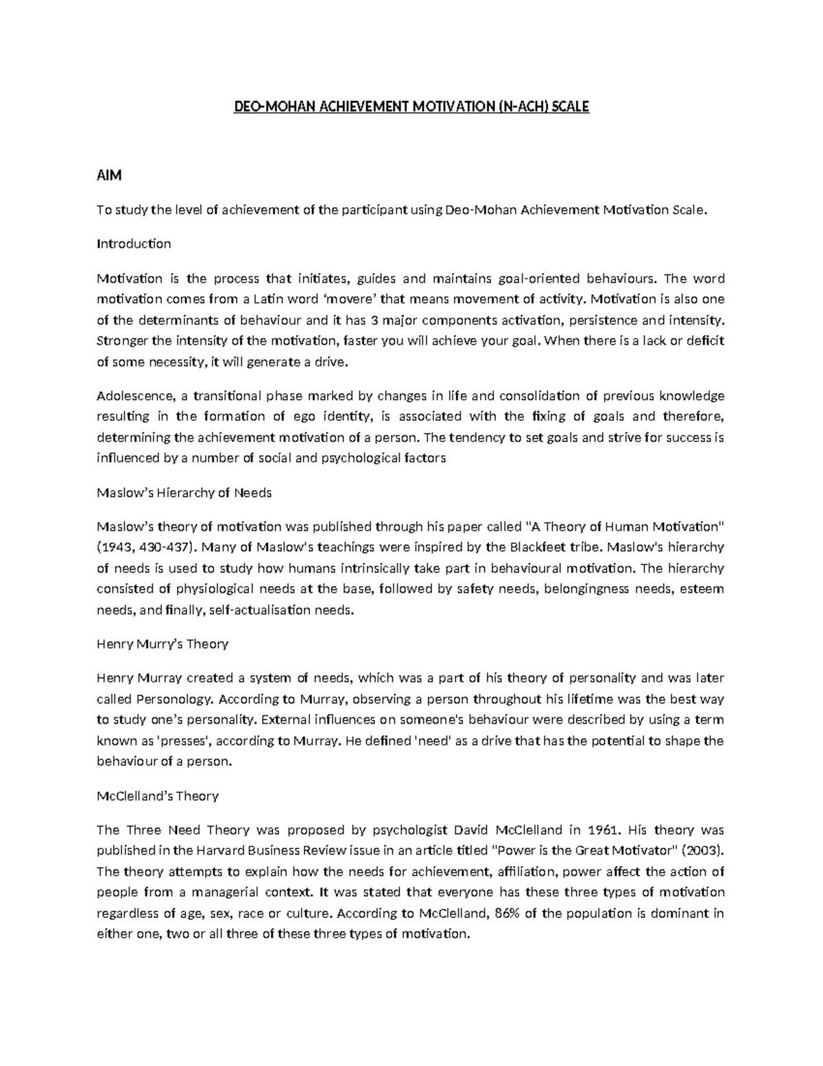 Practical Study on Deo-Mohan Achievement Motivation Scale (N-ACH) - Studocu