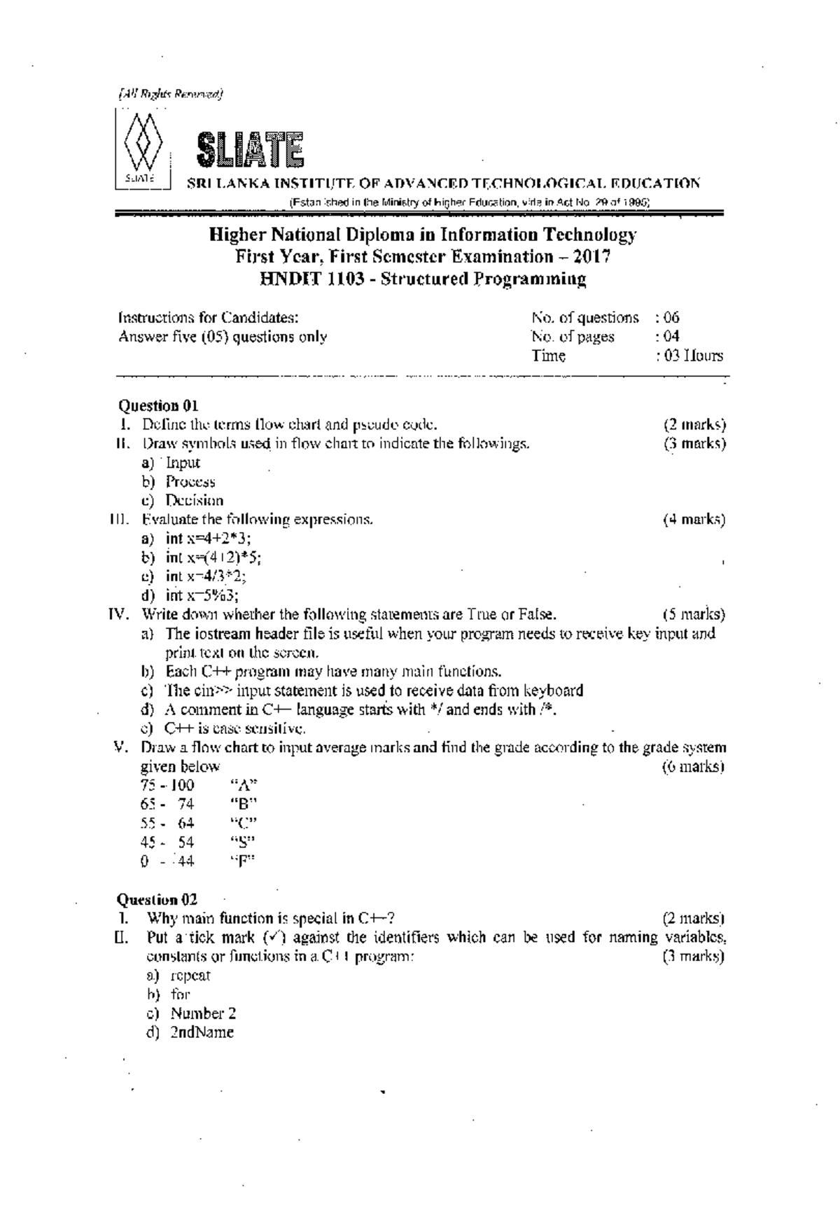 HNDIT 1103 Final Exam 2017: Structured Programming Questions - Studocu