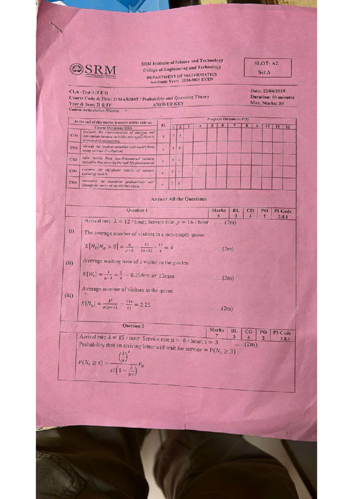 21MAB204T Probability and Queueing Theory CT3 Exam Answer Key - Studocu